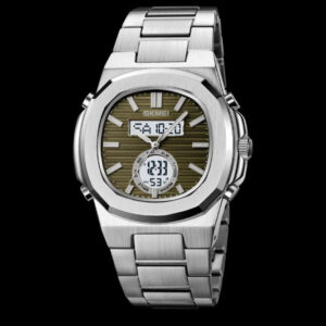 Montre All In argentée à cadran kaki, aiguilles et écrans numériques sur fond noir