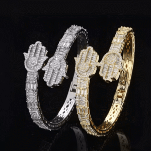 Bracelets rigides Main de Fatma ICE Bling argenté et doré avec deux mains pavées