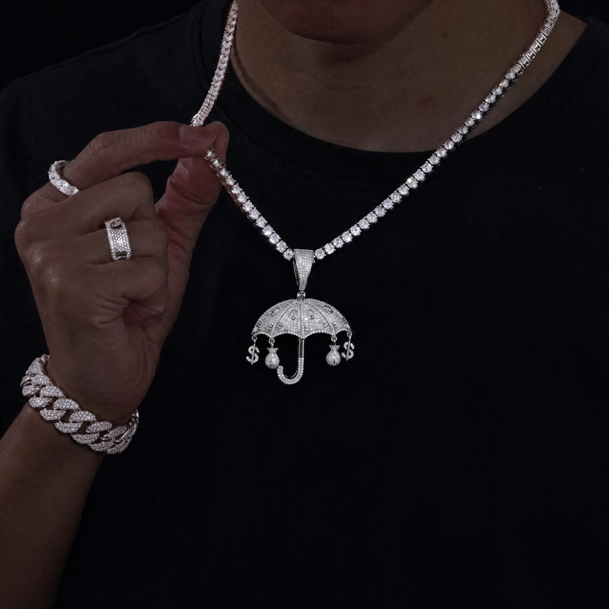 Bijoux homme ICE PERSO avec chaîne tennis, pendentif et bagues serties